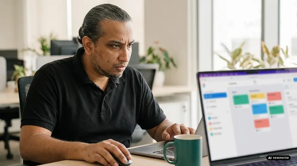 Man working on a laptop in an office setting