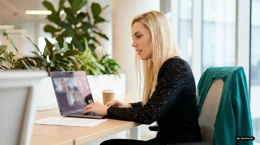 Woman engaged in video call on laptop at office desk