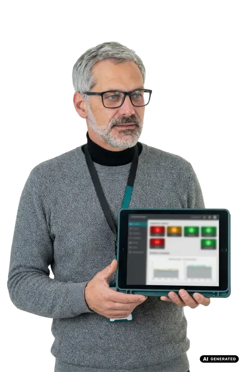 Mann mit grauem Pullover und Brille hält ein Tablet mit digitalem Dashboard