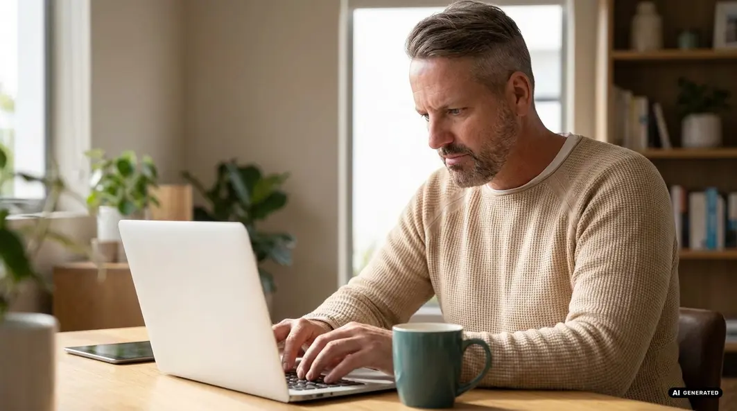 Man typing on a laptop at a desk with a coffee mug nearby