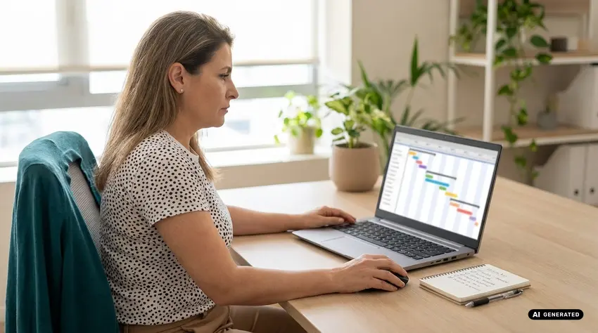 Woman in a polka dot shirt working on a laptop with a Gantt chart.