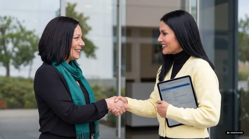 Two women shaking hands, one holding a tablet