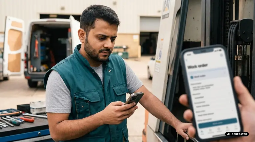Technician looking at a smartphone with work order, tools in background