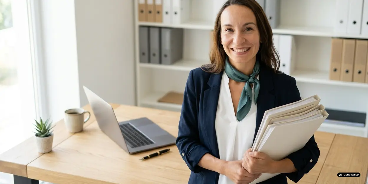 Woman smiling at desk with laptop in office