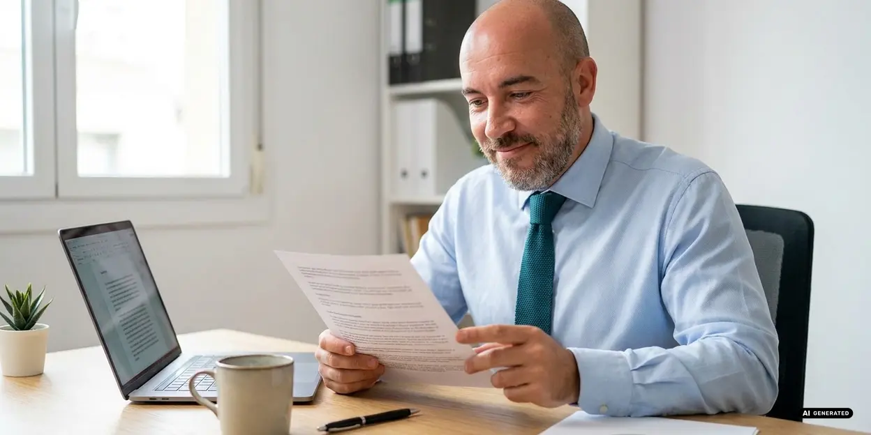 Man in shirt and tie reviewing a document at desk with laptop