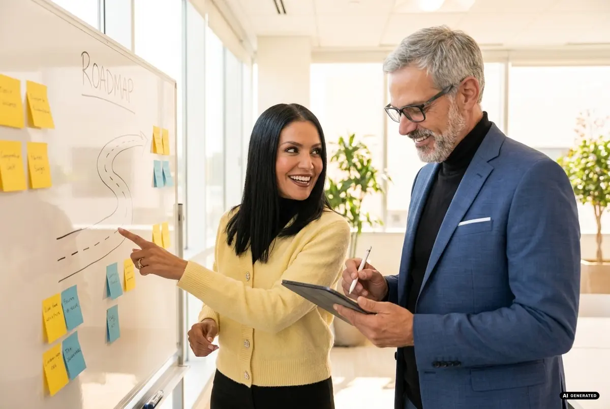 Two professionals planning at a whiteboard with sticky notes