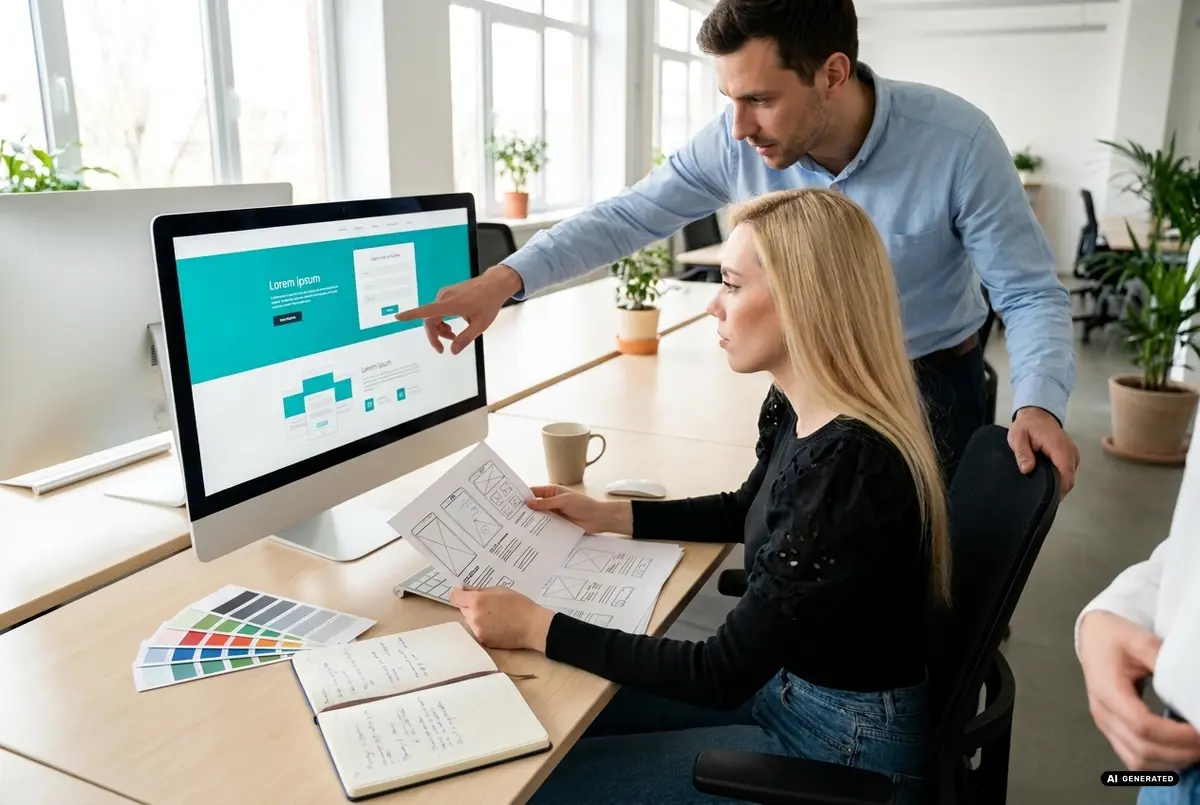 Team discussing web design project with computer and charts