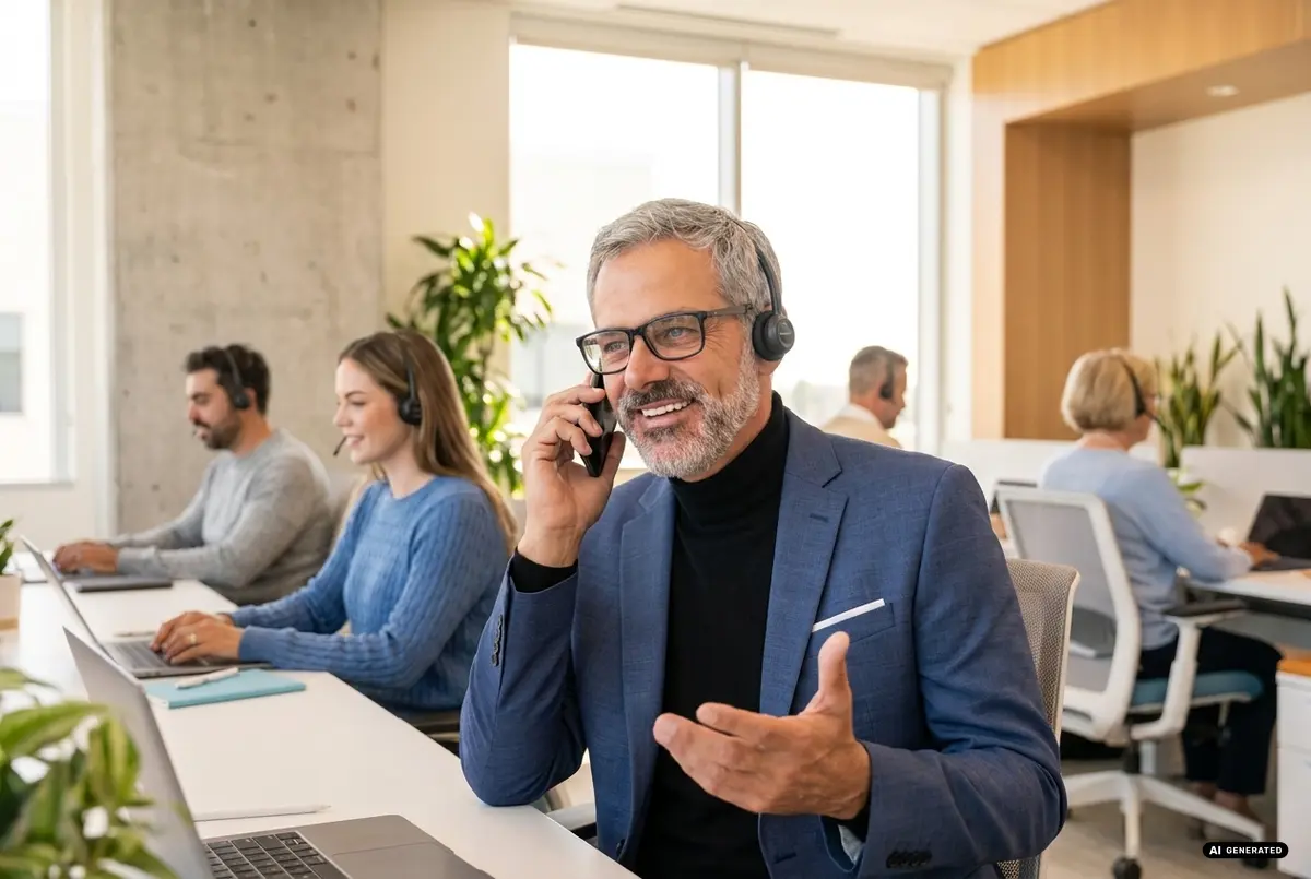 Office setting with customer service representatives wearing headsets