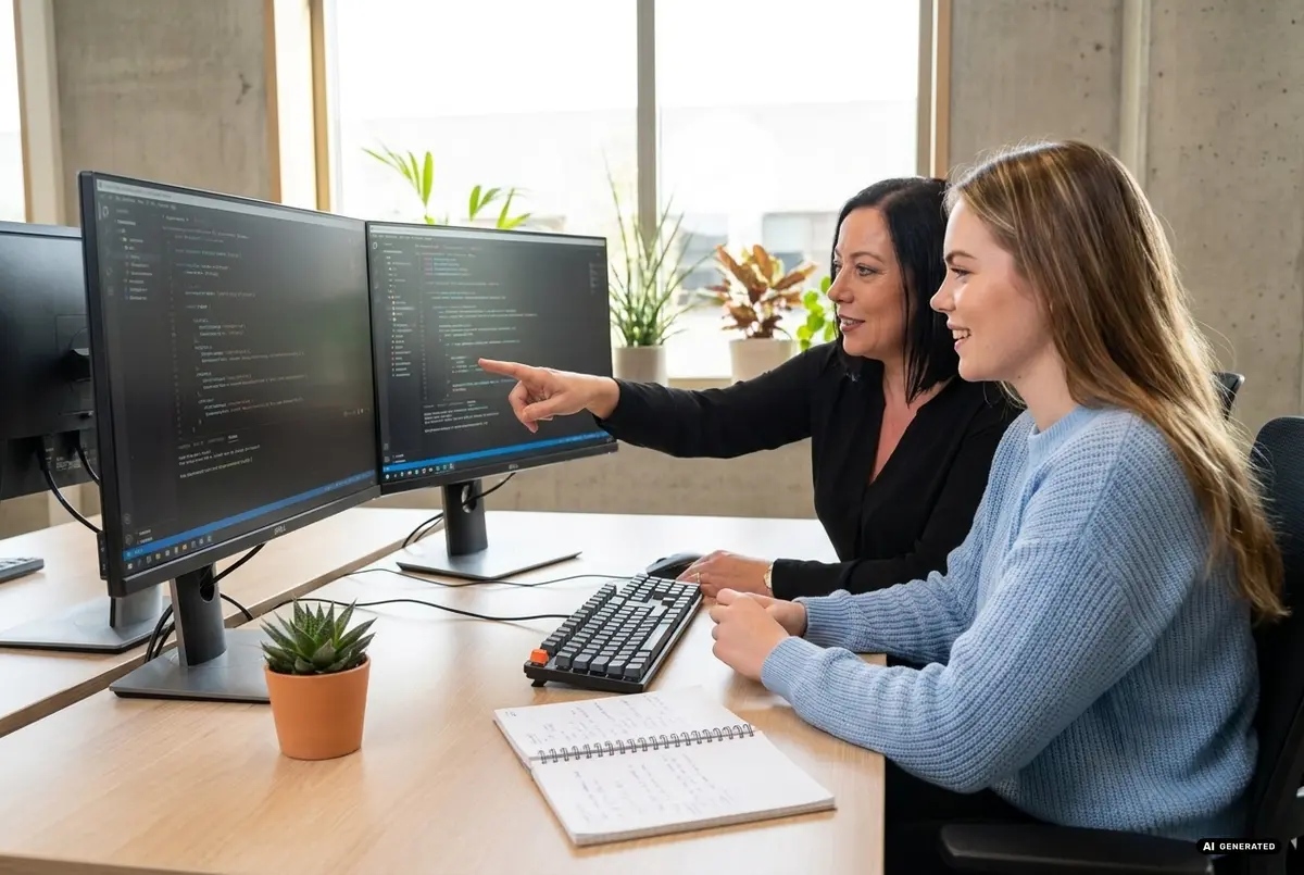 Two women coding on dual monitors in an office