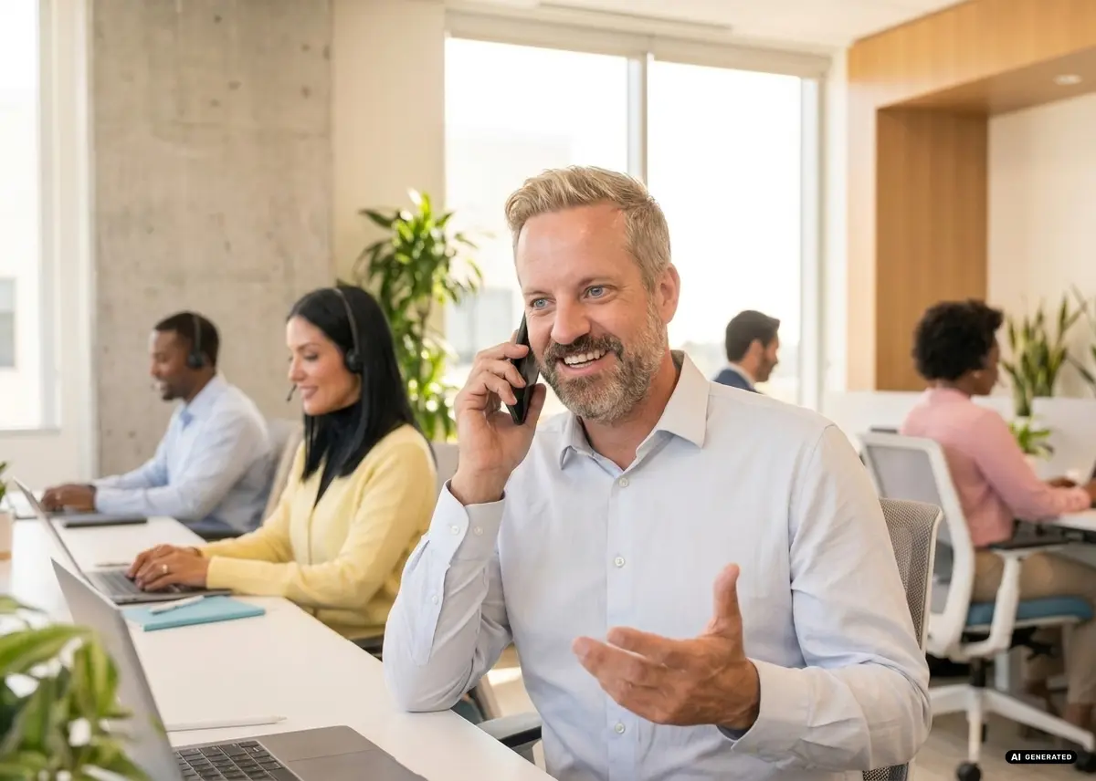 Office workers communicating and working at desks
