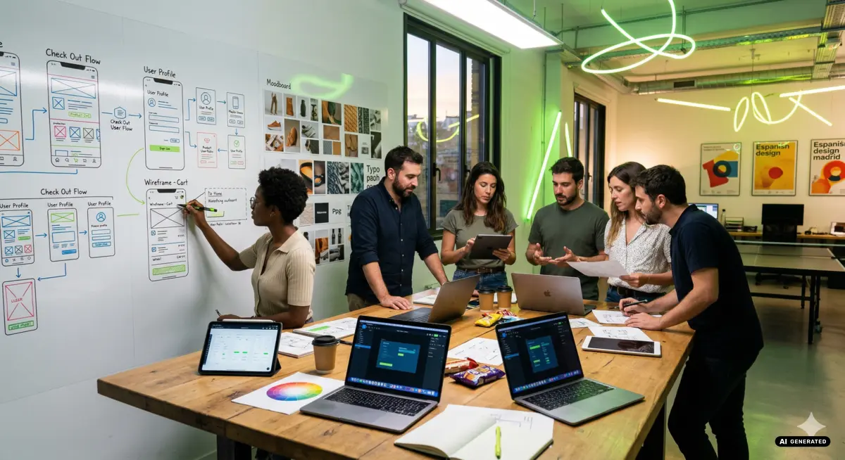 Team collaborating in a modern office with laptops and design diagrams