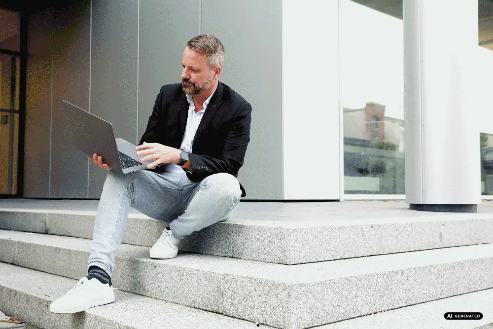 Man in black blazer sitting on steps using a laptop