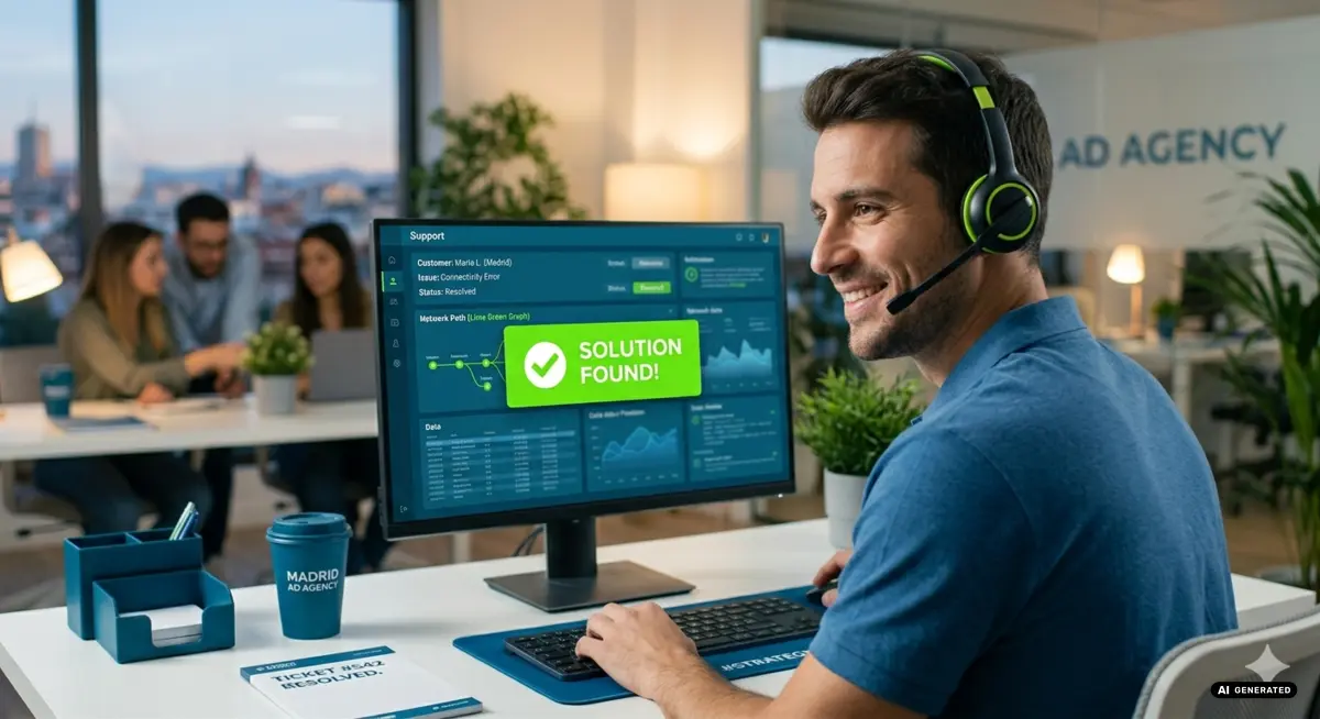Smiling support agent with headset at computer solving issue