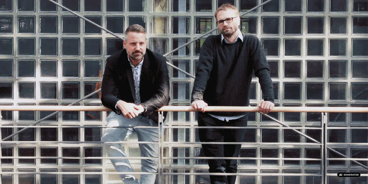 Two men leaning on a railing in front of a glass block wall.
